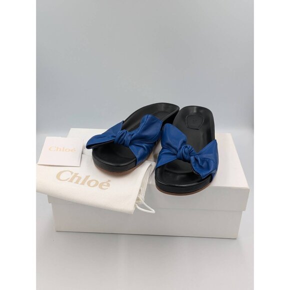 Chloé Emily Knotted Bow Leather Slide Flats Blue EU38 - Picture 10 of 10